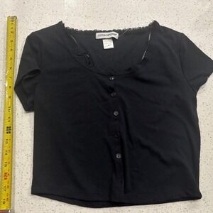 Cotton Emporium Womens Black Ribbed Lace Trim Button Front Crop Top Shirt Size M